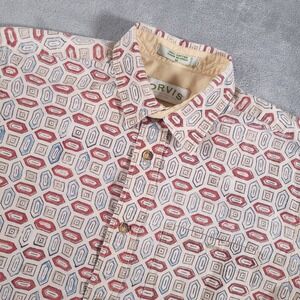 Orvis Shirt Mens Medium Beige Red Geometric All Over Print Short Sleeve‎ Cotton